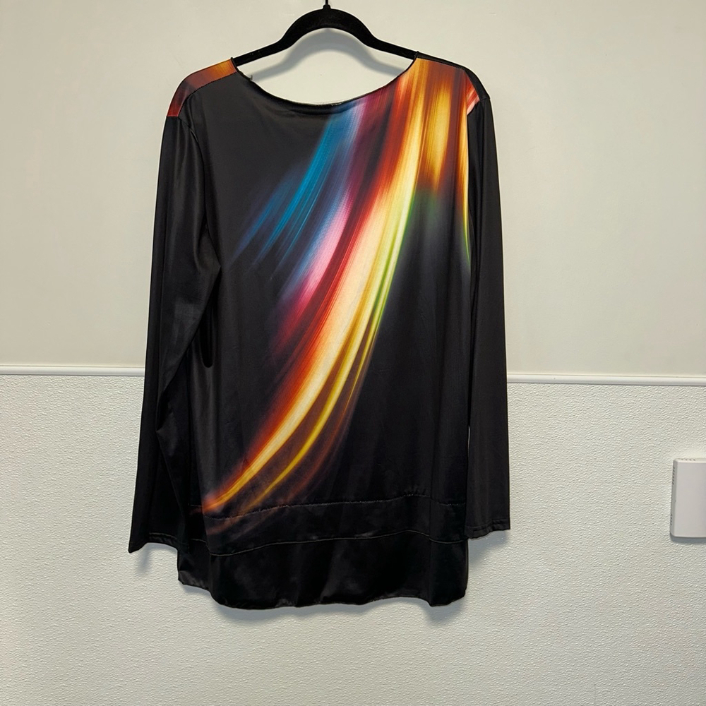 Women's Long Sleeve Top 3XL Black Multi-color Rainbow Vibrant Asymmetrical - Picture 7 of 9